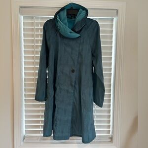 Mycra Pac Now Donatella Pleated Hood Teal Navy Pattern Reversible Rain Coat S/M